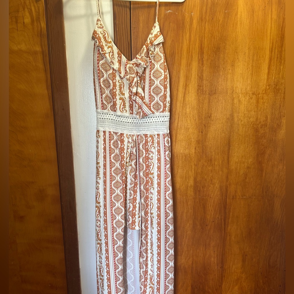 No Boundaries Bohemian Romper with Orange and Cream Patterned Design